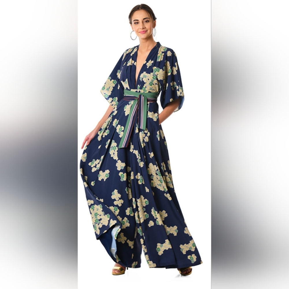 Wayward Fancies eShakti Asian Floral Print Kimono Wide Leg Jumpsuit Med